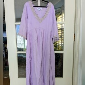 April Cornell Lavender V Neck Cotton Maxi Dress With Gold Embroidery Size Small